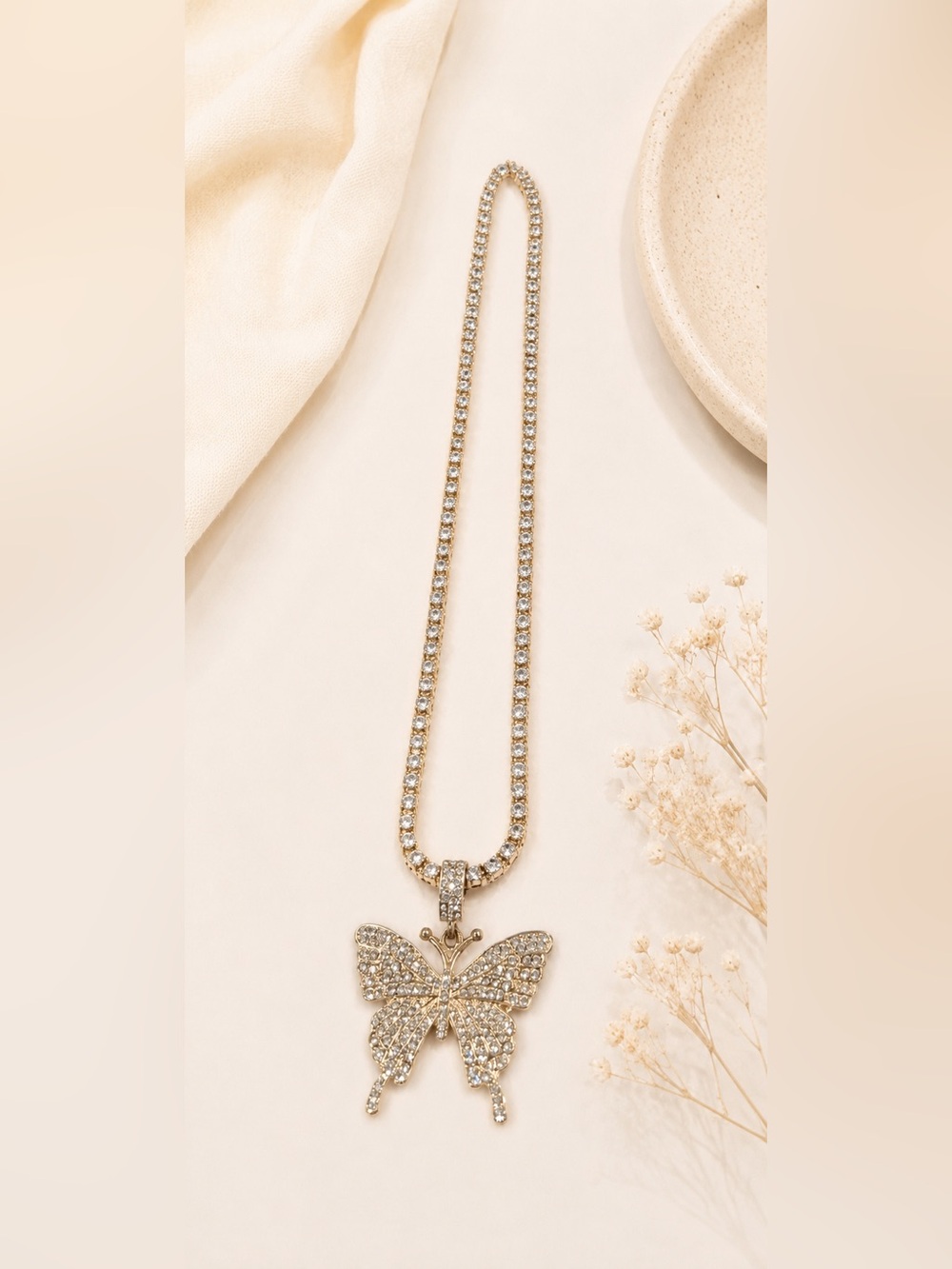 Sparkly gold butterfly pendant tennis necklace, Lux glam gift designer inspired